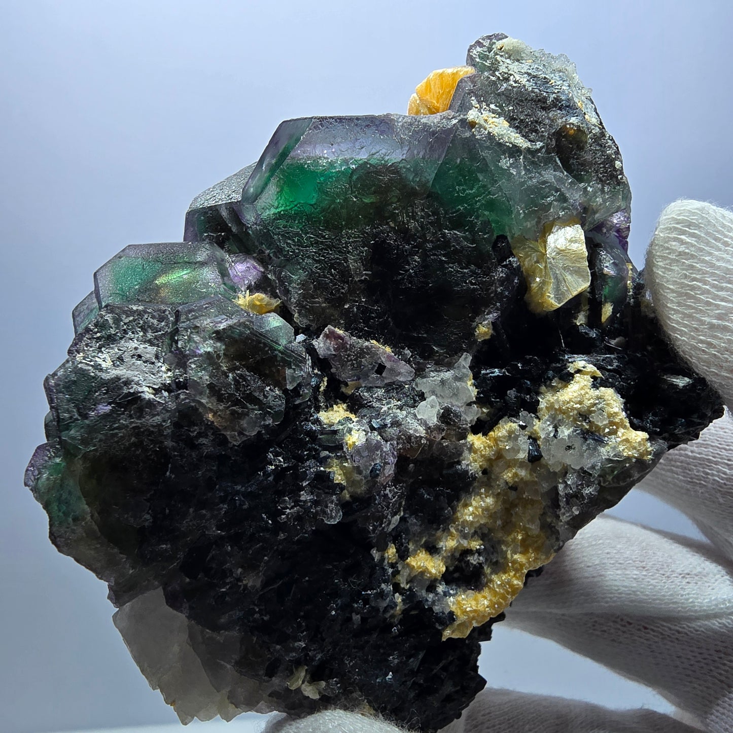 Fluorite fantôme hexagonale, hyalite, tourmaline Schörl, muscovite Erongo, Namibie 93*73*42mm
