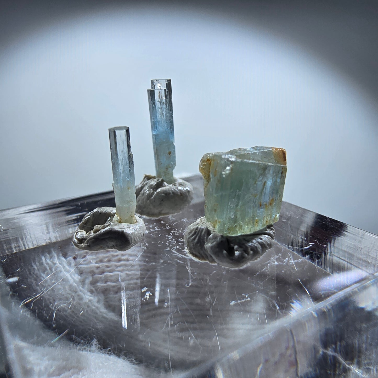 3x Aquamarin Kristalle, blau - 3er Set Erongo, Namibia 6-12mm