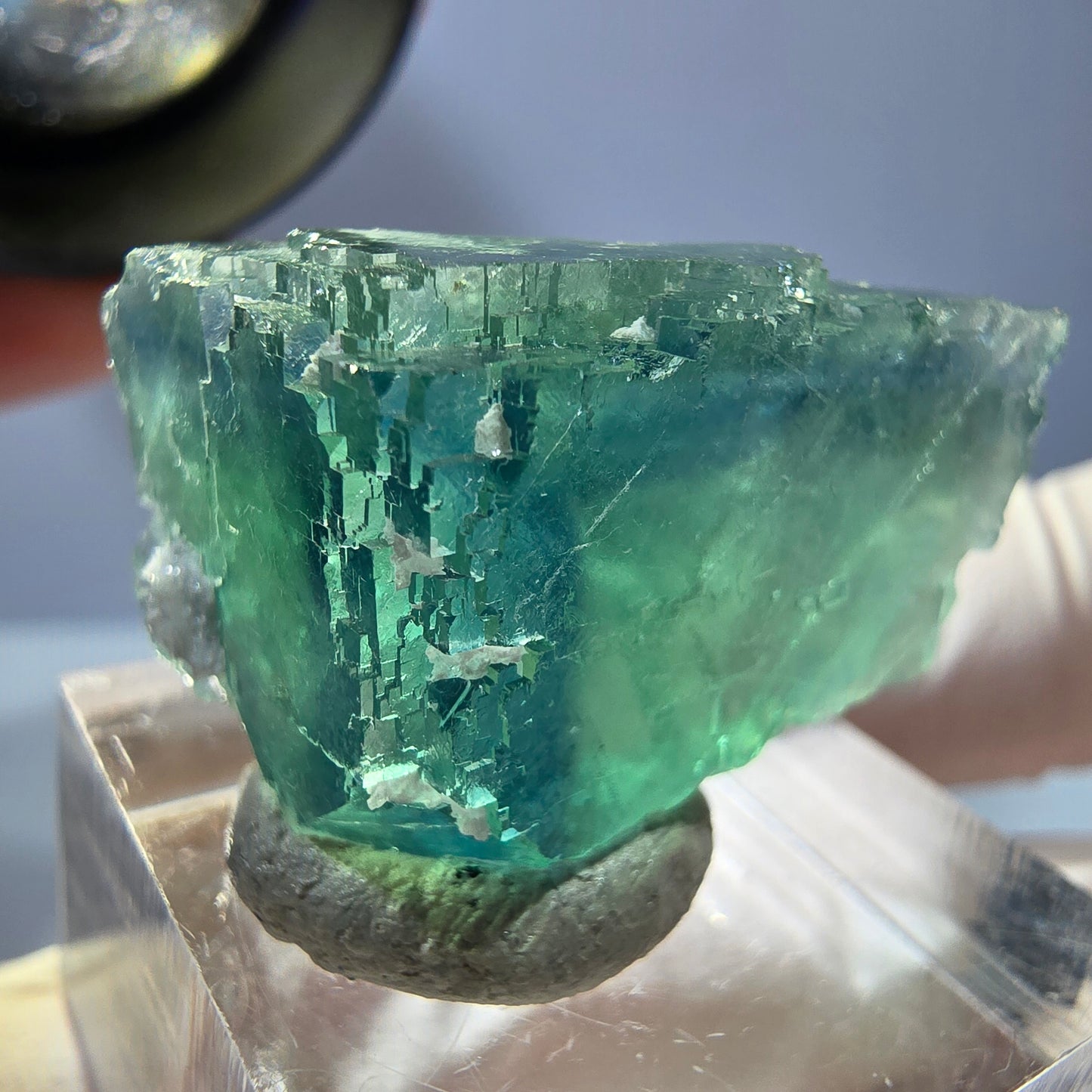 Cube de fluorite fantôme transparente parquetée, vert Okorusu, Namibie 28 x 23 x 18 mm