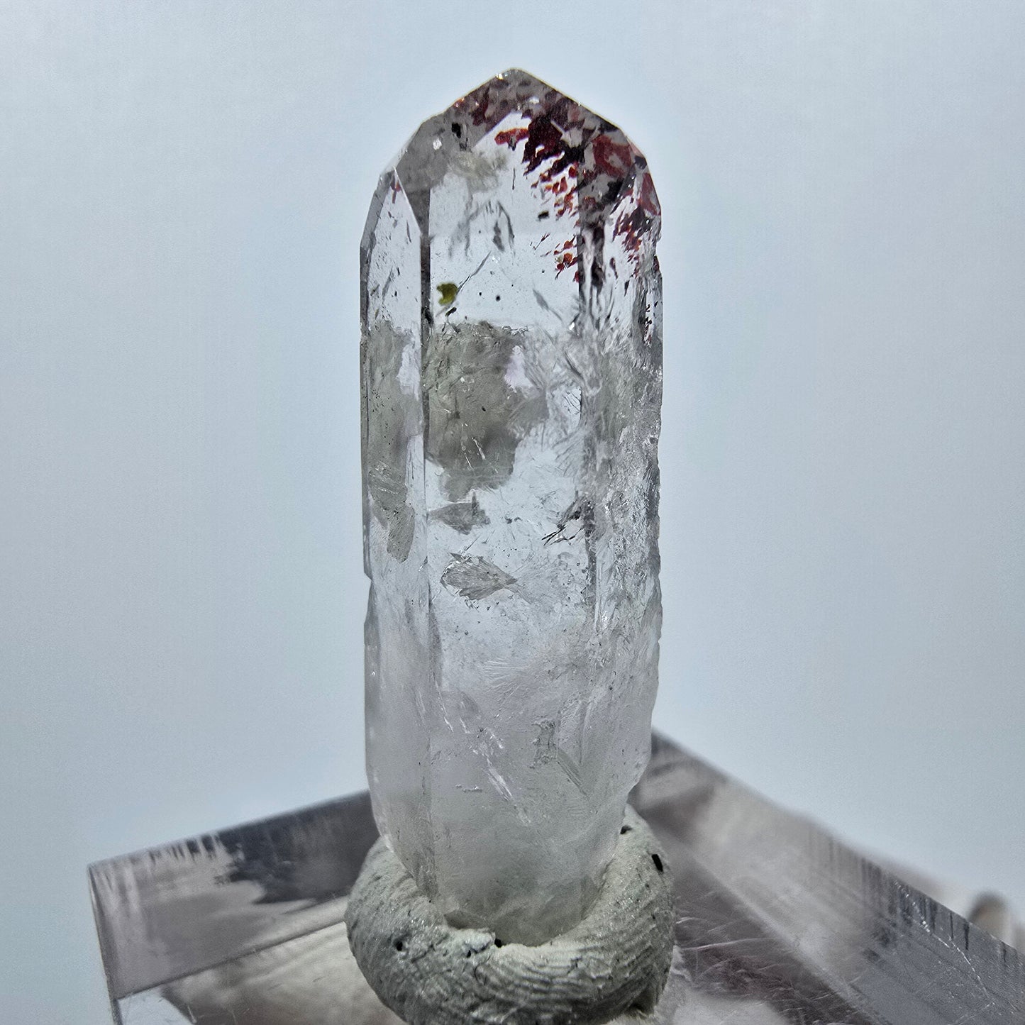 Quartz Harlequin avec préhnite Point Streep Mine, Goboboseb, Namibie 31 x 12 x 9 mm