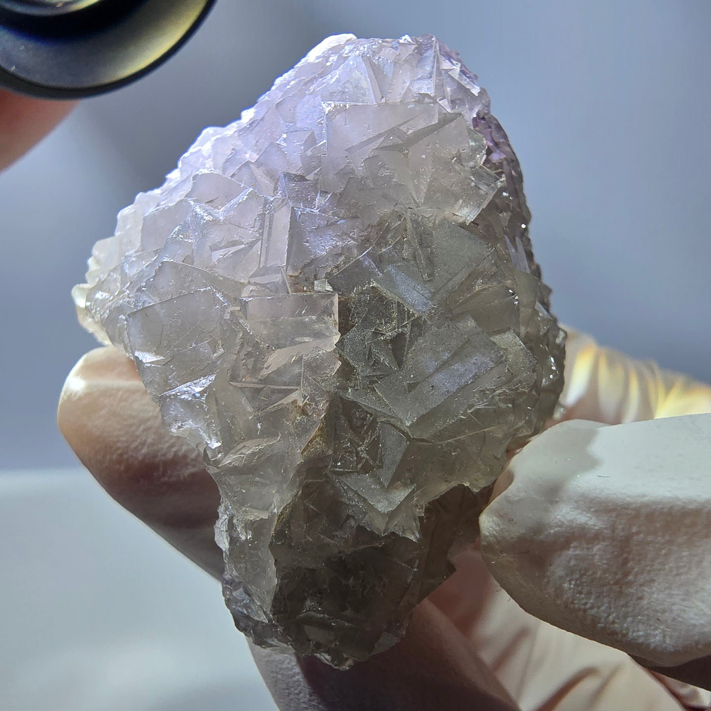 Spécimen de cube de fluorite fantôme creux, étagé, blanc violet Okorusu Namibie 48*43*41mm