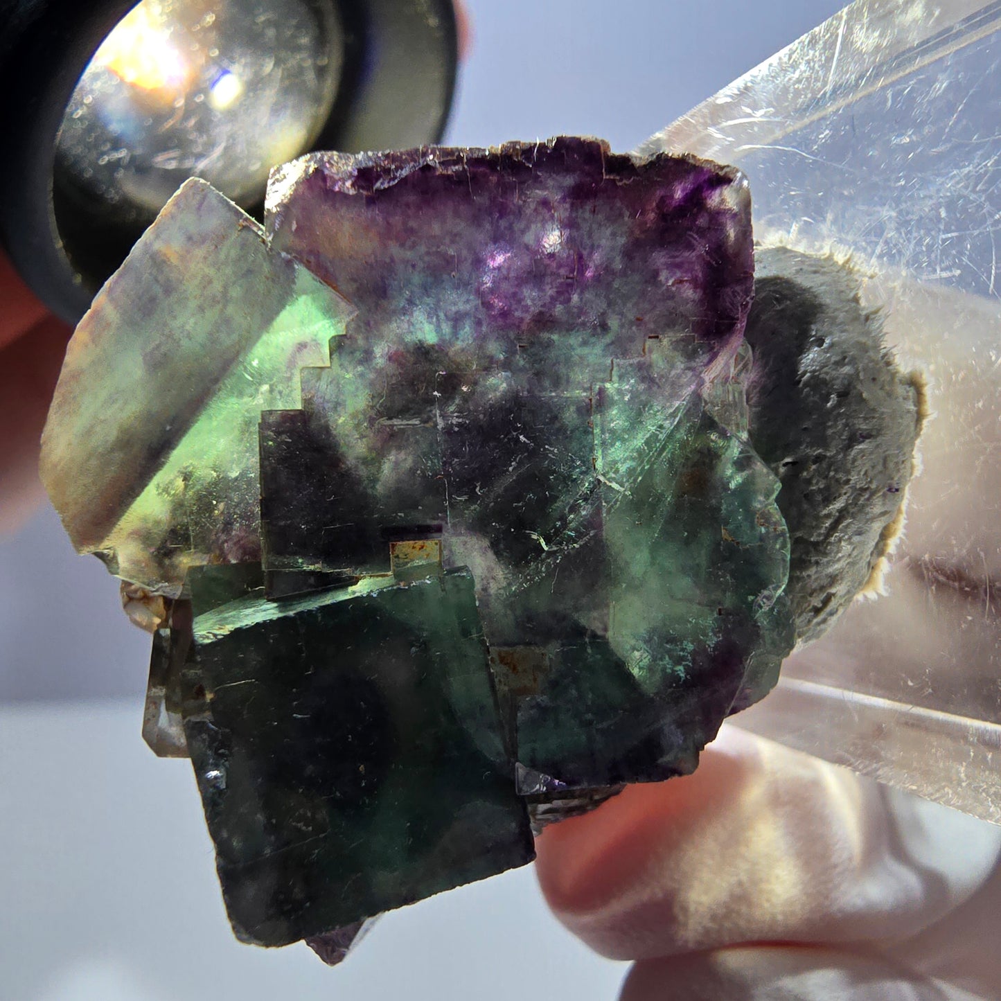 Spécimen de cube de fluorite fantôme, parqueté vert violet Okorusu, Namibie 30*28*15 mm