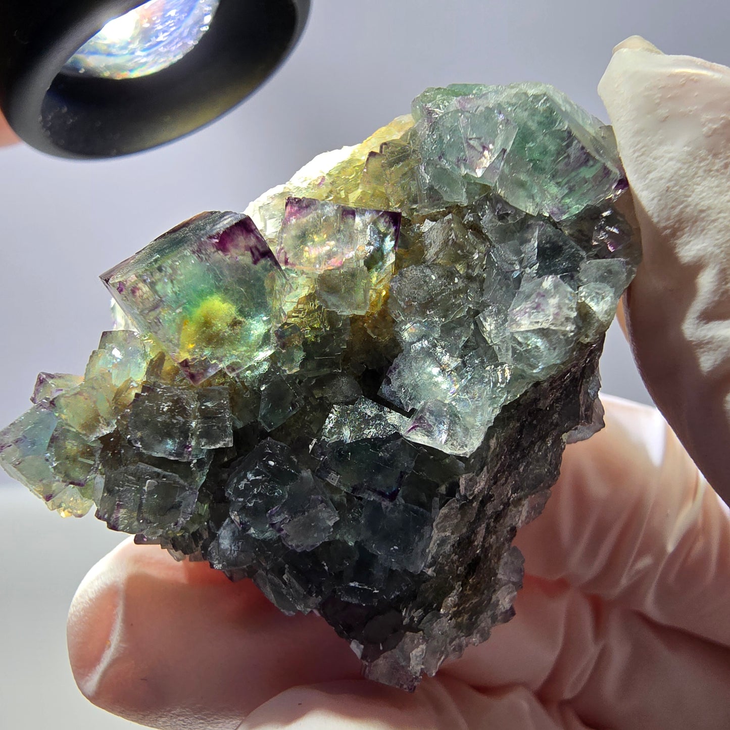 Spécimen de cube de fluorite fantôme, vert-violet zonal, Okorusu, Namibie, 35 x 35 x 28 mm
