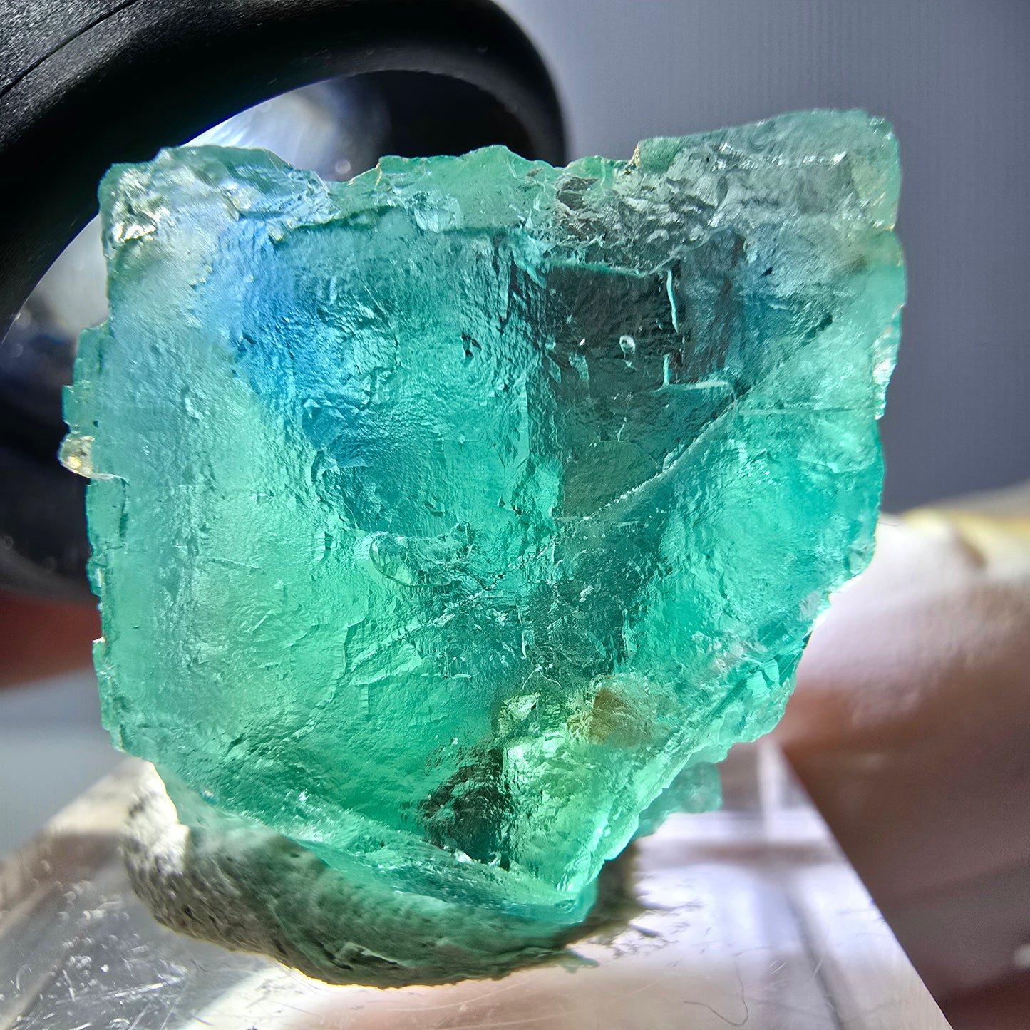 Cube de fluorite fantôme transparente parquetée, vert Okorusu, Namibie 21 x 21 x 19 mm