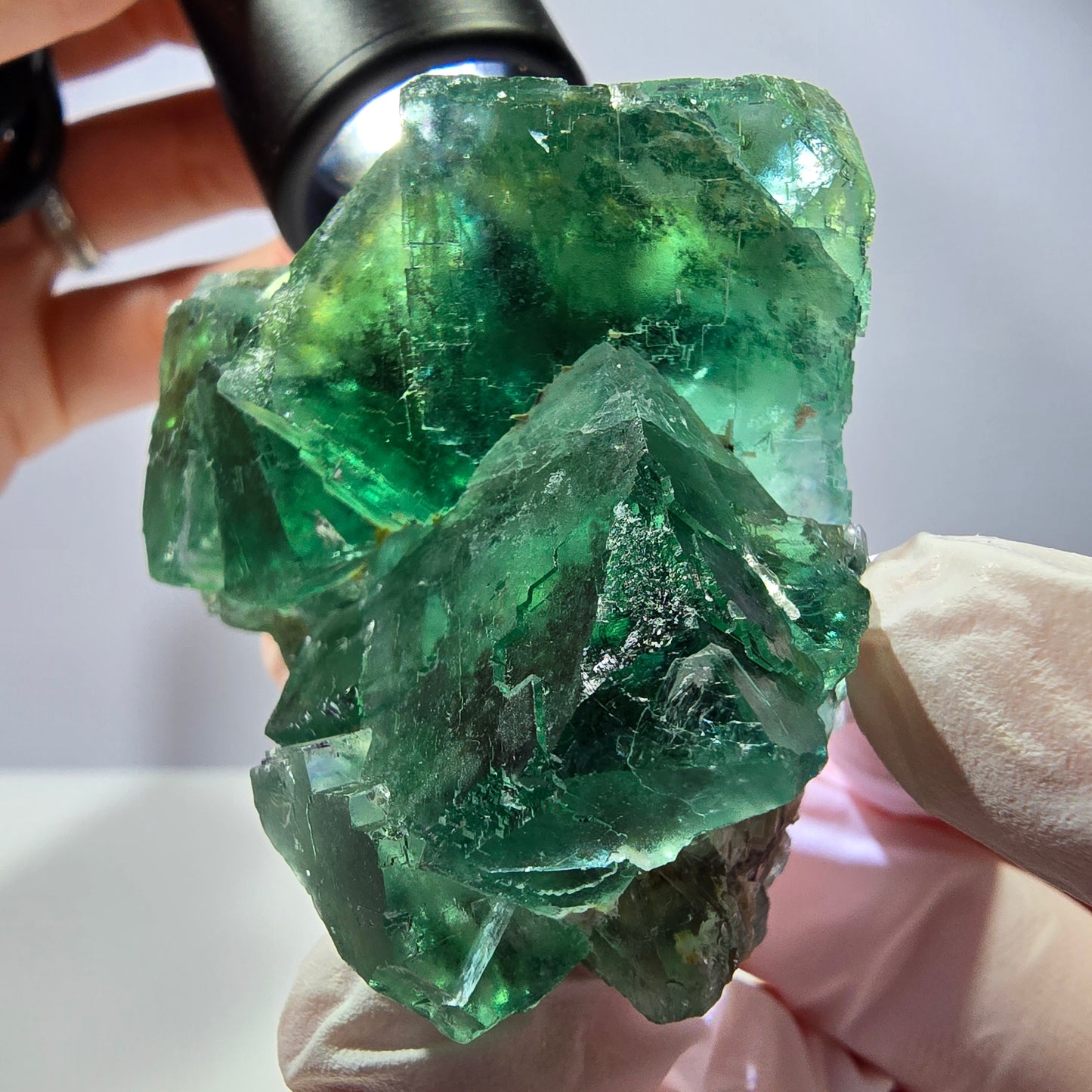 Spécimen de cube de fluorite fantôme transparente, vert parqueté, Okorusu, Namibie, 60 x 51 x 26 mm