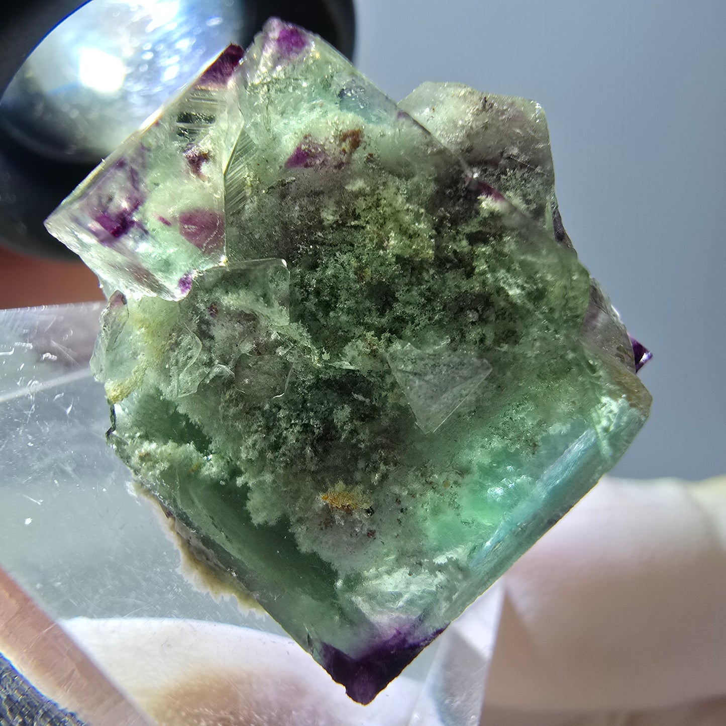 Phantom Fluorit Würfel, Quarz Stufe, grün lila Okorusu, Namibia 22*21*18mm