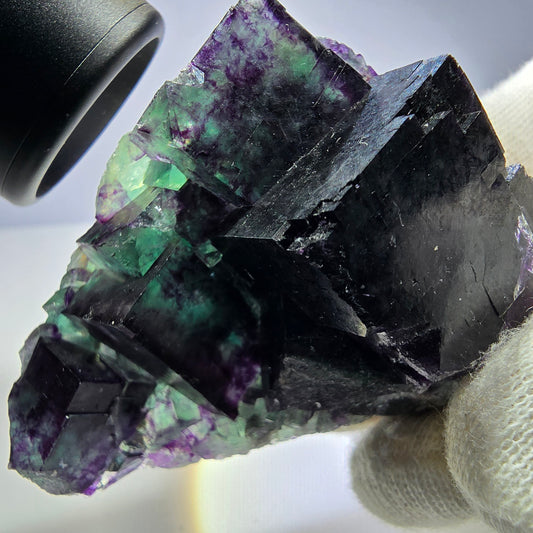 Spécimen rare de cube de fluorite fantôme, vert zonal et violet, Okorusu, Namibie, 69 x 50 x 40 mm