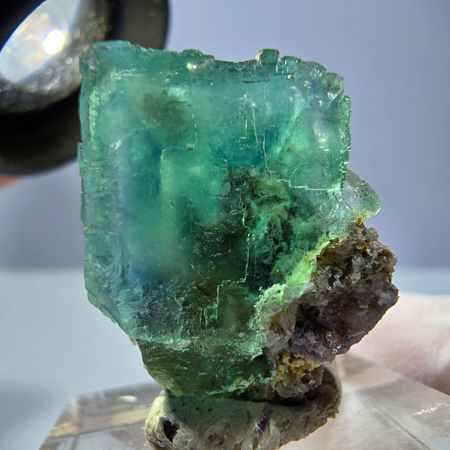 Cube de fluorite fantôme transparente parquetée, vert Okorusu, Namibie 25 x 19 x 15 mm