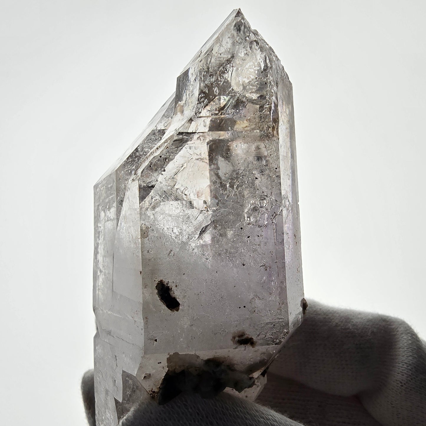 Quartz fumé squelette Enhydro DT, calcite UV, 2x Bubble Valentine Pocket, Namibie 91 x 45 x 27 mm