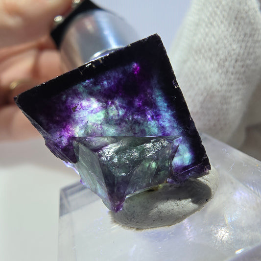 Spécimen de cube de fluorite fantôme transparente, vert-violet zonal, Okorusu, Namibie, 23 x 17 x 22 mm