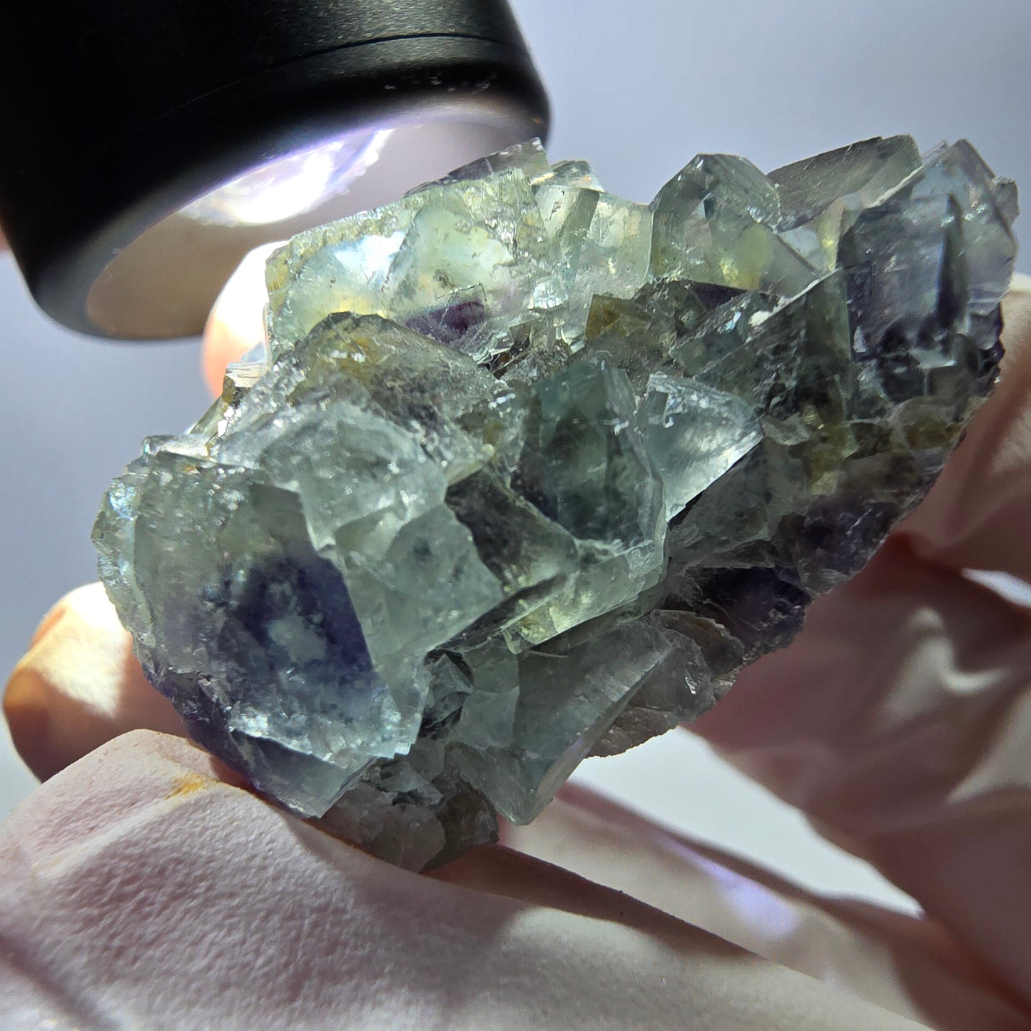 Spécimen de cube de fluorite fantôme transparente, vert-violet, Okorusu, Namibie, 45 x 35 x 19 mm