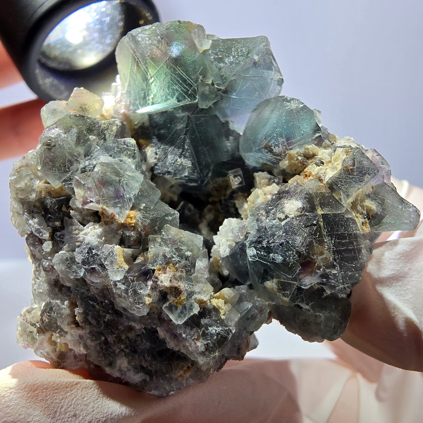 Rare cube de fluorite fantôme, spécimen de quartz vert violet Okorusu Namibie 47*46*37 mm
