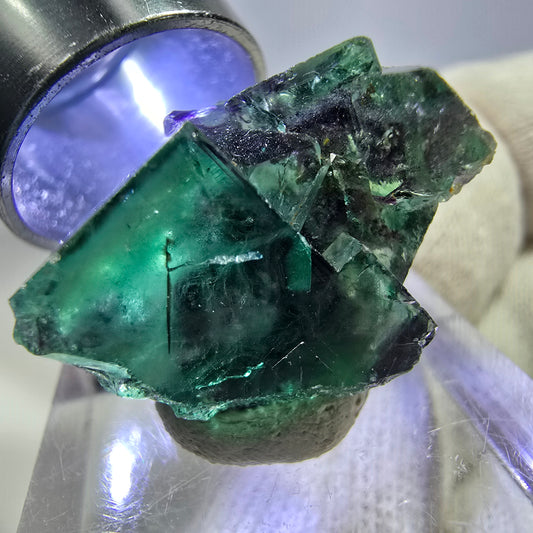 Spécimen rare de cube de fluorite fantôme, vert zonal et violet, Okorusu, Namibie, 24 x 16 x 15 mm