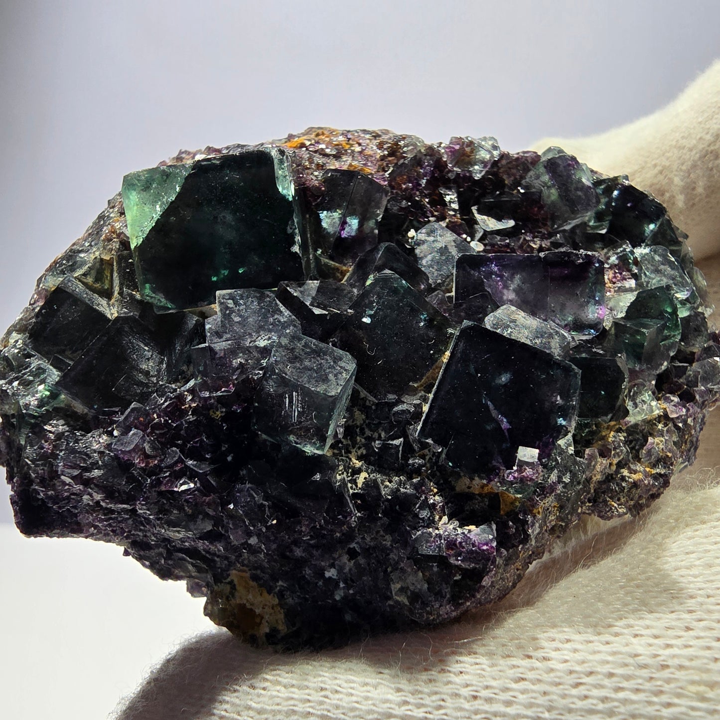 Phantom Fluorite Cube Specimen, double-sided green purple Okorusu Namibia 76*55*41mm