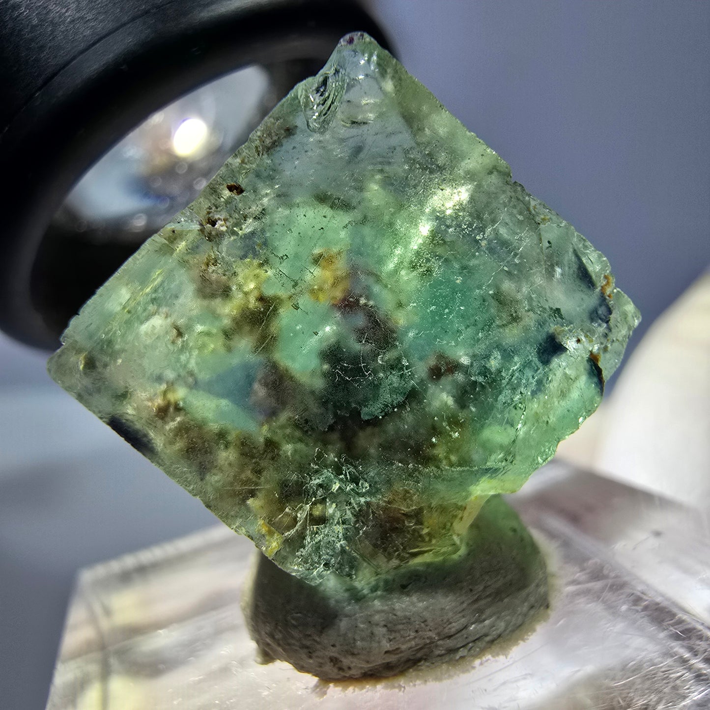 Cube de fluorite fantôme transparente parquetée, vert Okorusu, Namibie 16 x 15 x 13 mm