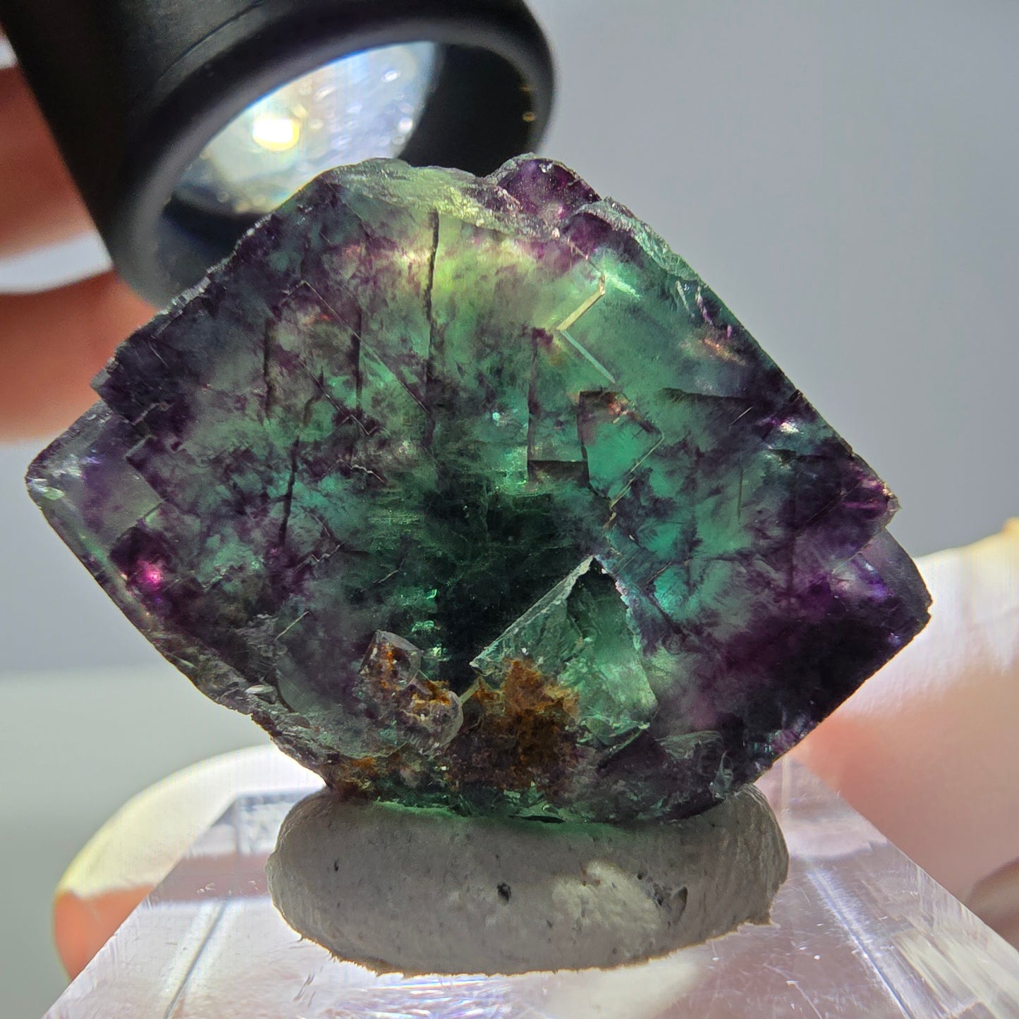 Rare cube de fluorite fantôme parqueté vert violet Okorusu Namibie 24*21*18mm
