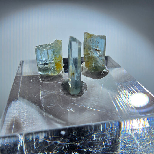 3x Aquamarin Kristalle, blau - 3er Set Erongo, Namibia 6-10mm