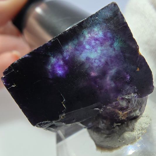 Spécimen rare de cube de fluorite fantôme, vert zonal et violet, Okorusu, Namibie, 27 x 25 x 15 mm