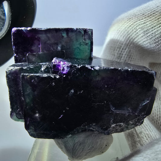 Spécimen rare de cube de fluorite fantôme, vert zonal et violet, Okorusu, Namibie, 47 x 35 x 28 mm