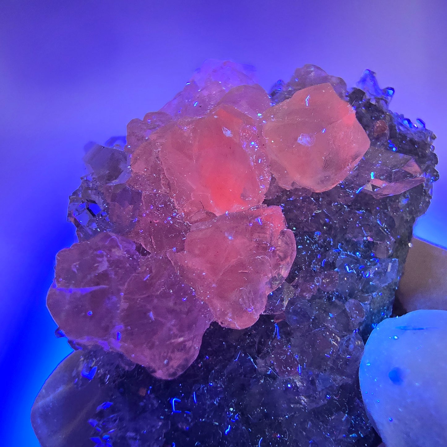 Amas de quartz rare en forme d'étoile de calcite UV, mine Streep, Gobobo, Namibie, 47 x 38 x 21 mm