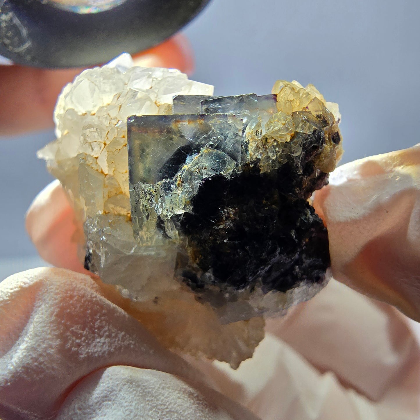 Rare cube de fluorite fantôme, spécimen de quartz vert violet Okorusu Namibie 34*28*25mm