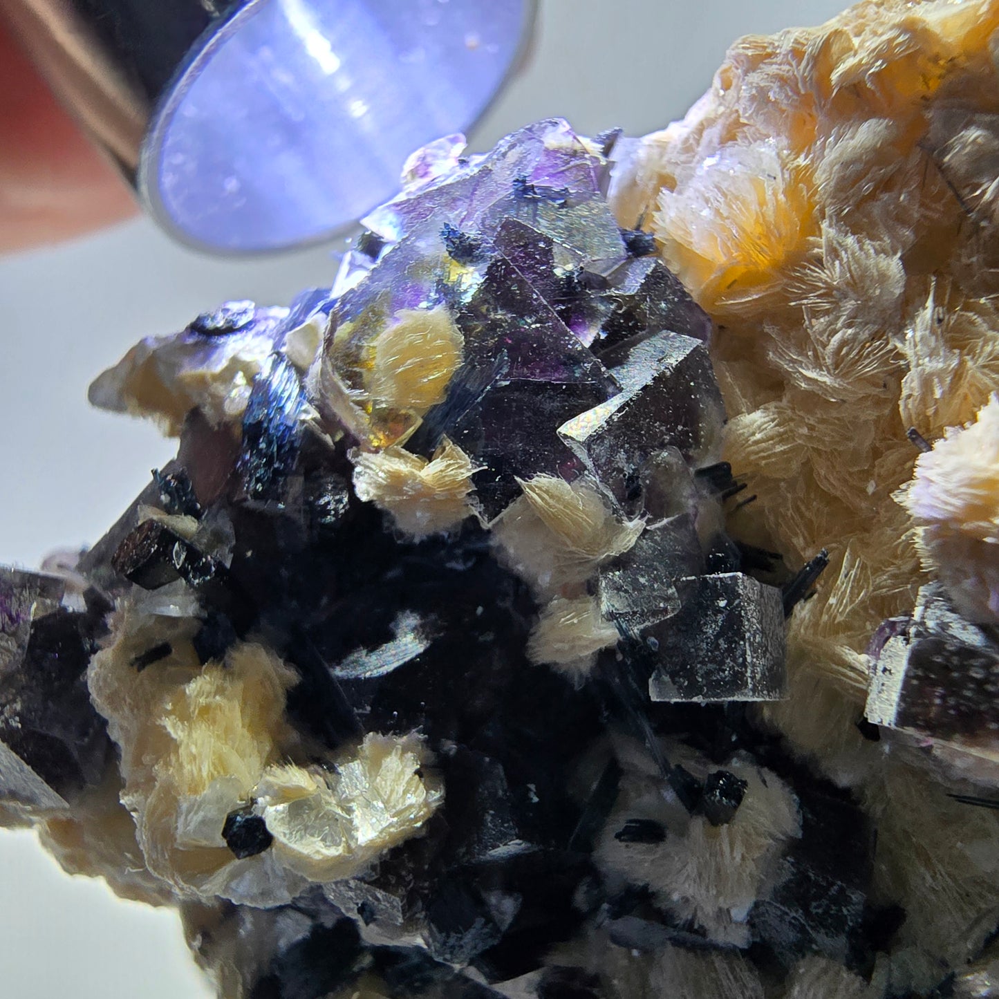 Spécimen de fluorite fantôme colorée, tourmaline scholle, muscovite, Erongo, Namibie, 54 x 49 x 40 mm