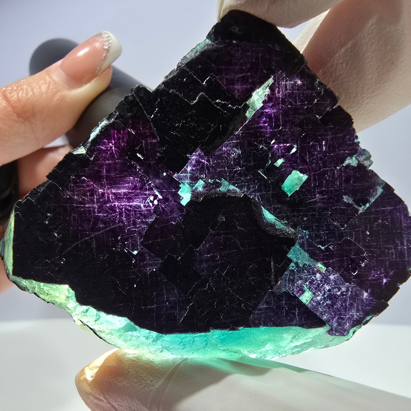 Spécimen de cube de fluorite fantôme vert violet zonal 11:11 Angel Pocket, Namibie 56*48*19mm
