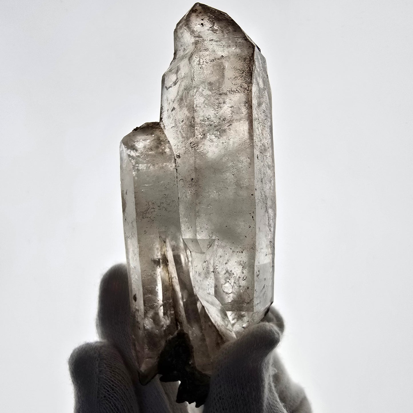 Quartz fumé squelette fantôme Enhydro, DT, calcite UV, Valentine Pocket Gob. Namibie, 107 x 41 x 27 mm