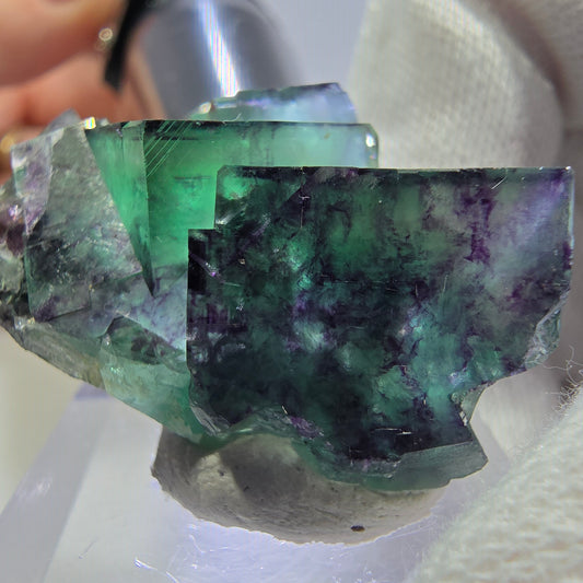 Spécimen rare de cube de fluorite fantôme, vert zonal et violet, Okorusu, Namibie, 36 x 27 x 17 mm
