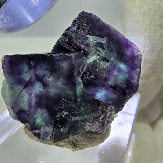 Spécimen rare de cube de fluorite fantôme, vert zonal et violet, Okorusu, Namibie, 30 x 21 x 16 mm