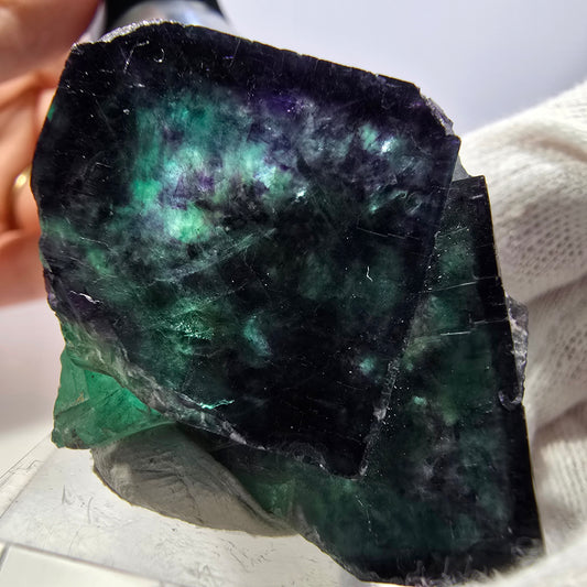 Spécimen de cube de fluorite fantôme transparente, vert-violet zonal, Okorusu, Namibie, 45 x 37 x 29 mm