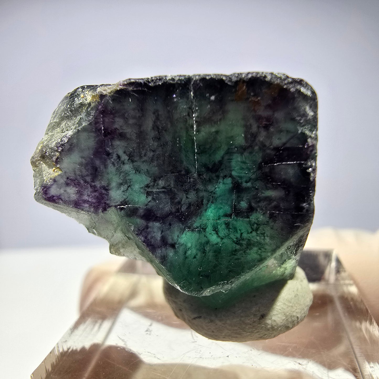 Rare cube de fluorite fantôme parqueté vert violet Okorusu Namibie 23*21*19mm