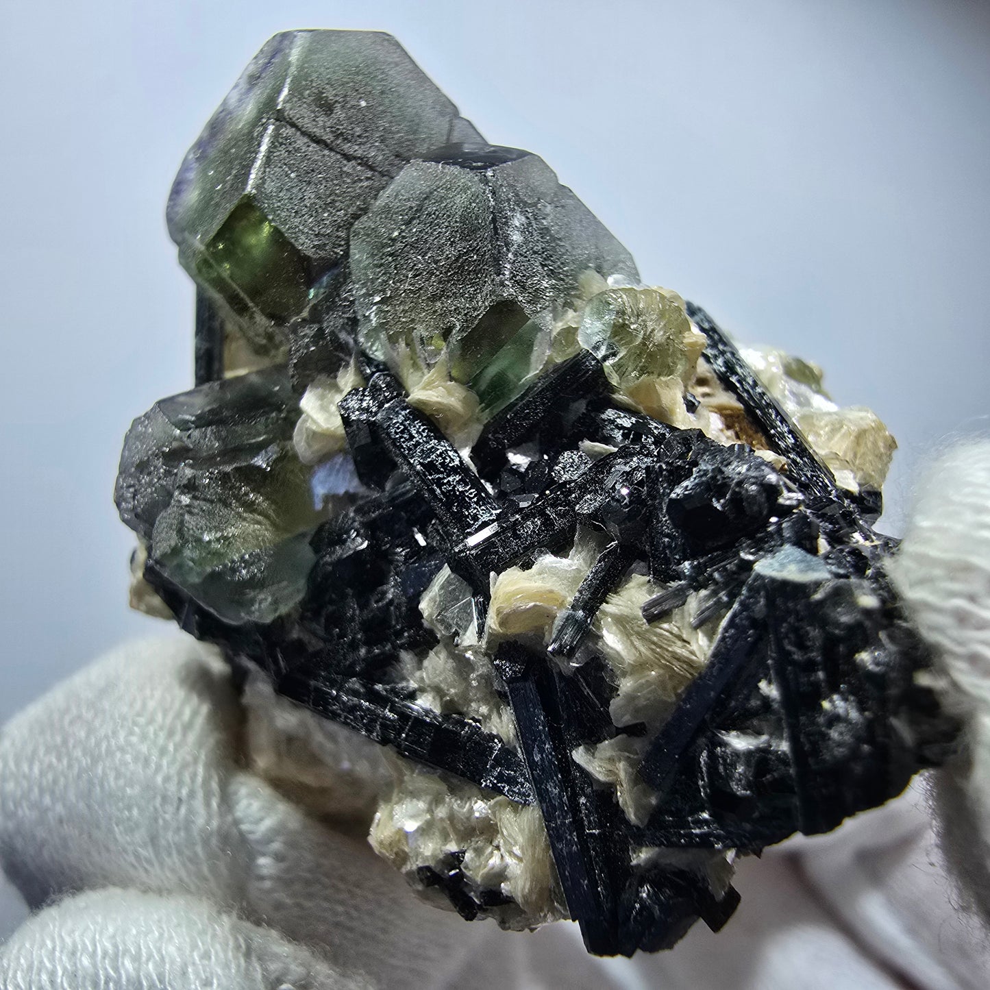 Phantom fluorite hexagonal, Schörl tourmaline, muscovite Erongo, Namibia 48*46*35mm