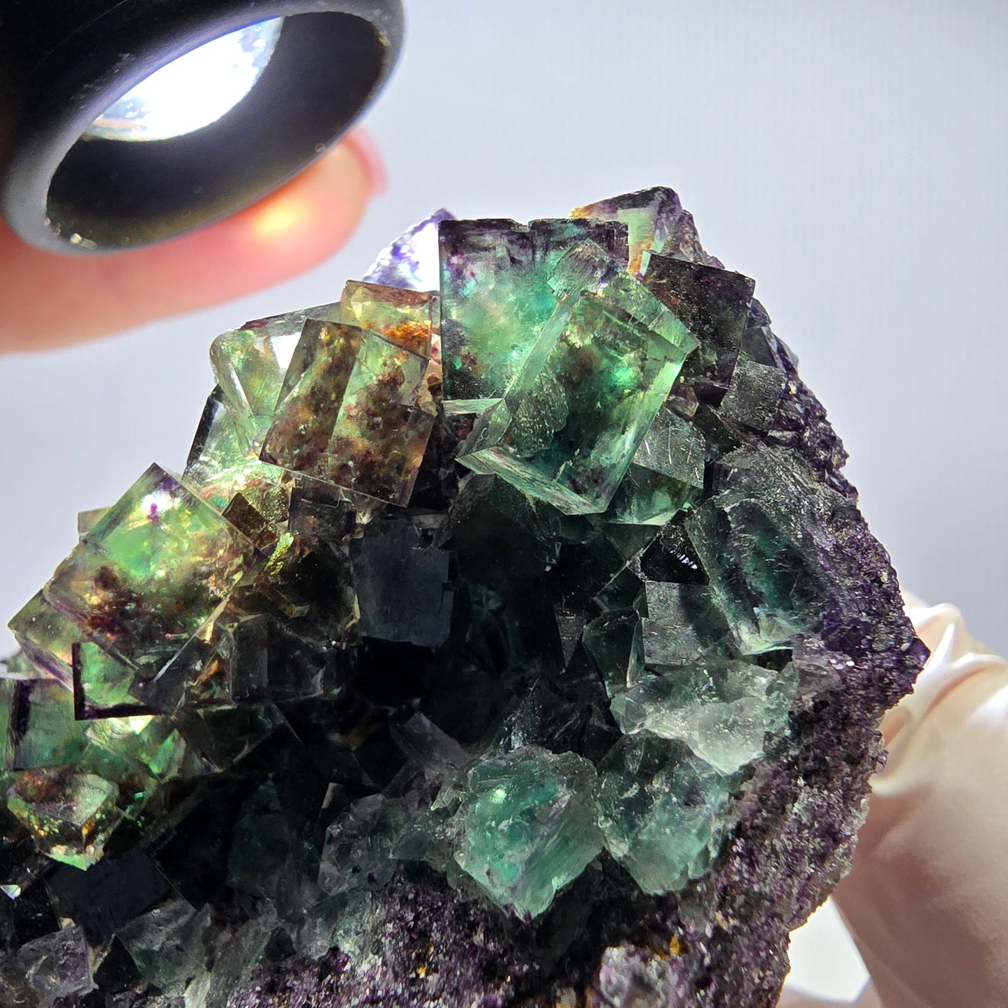 Grand spécimen de cube de fluorite fantôme, vert violet, Okorusu, Namibie, 83 x 55 x 29 mm