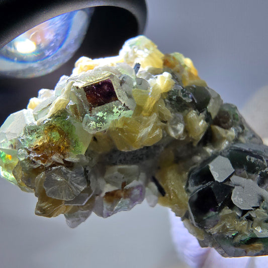 Cube de fluorite fantôme zonal, tourmaline muscovite Schörl hyalite Erongo, Namibie 39 x 24 x 12 mm