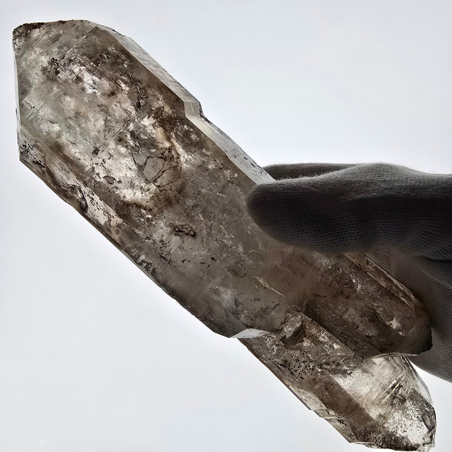 Sceptre XL Enhydro Skeleton Smoky Quartz DT, 4x Bubble Valentine Pocket, Namibie 233 x 54 x 47 mm