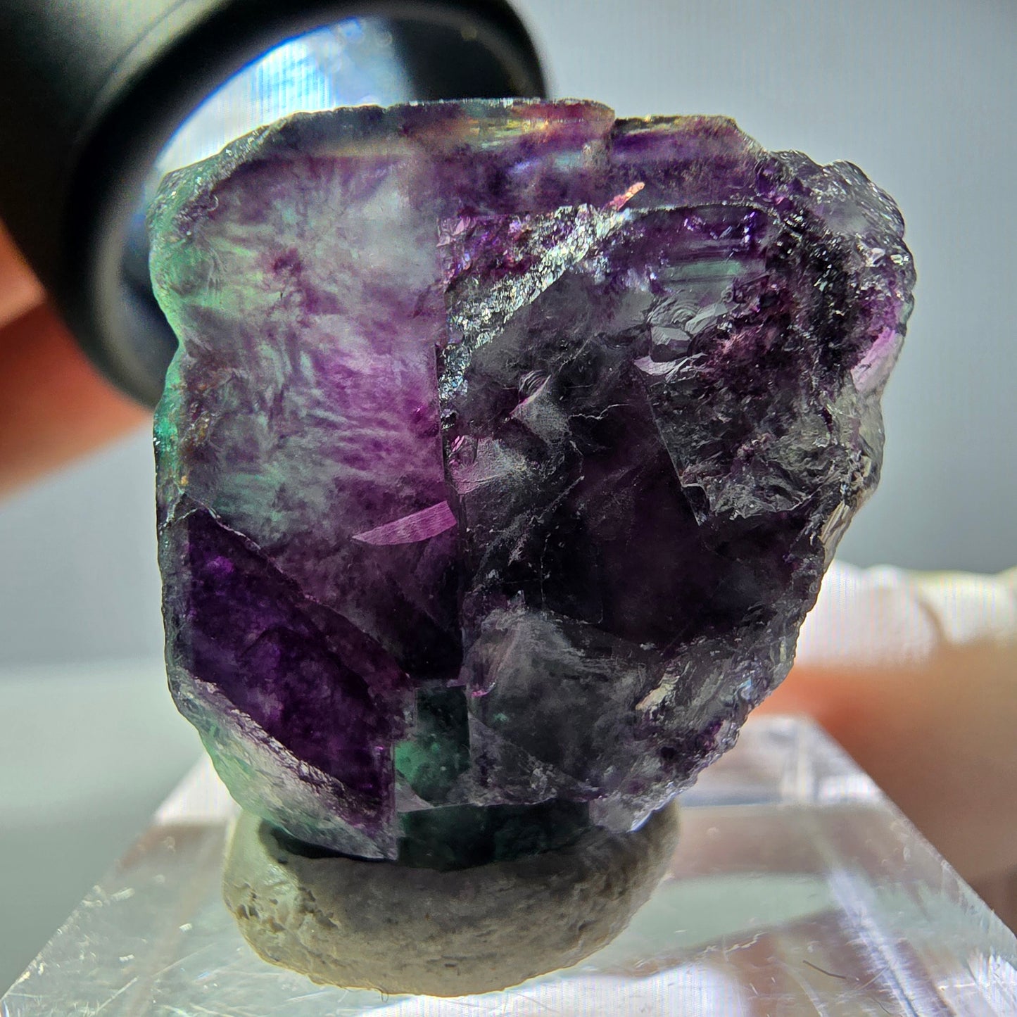 Rare cube de fluorite fantôme parqueté vert violet Okorusu Namibie 24*23*21mm