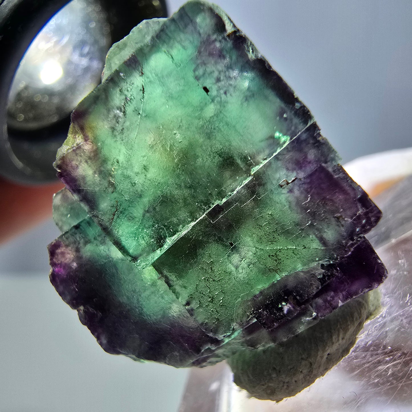 Spécimen de cube de fluorite fantôme, vert violet, Okorusu, Namibie, 26 x 21 x 15 mm