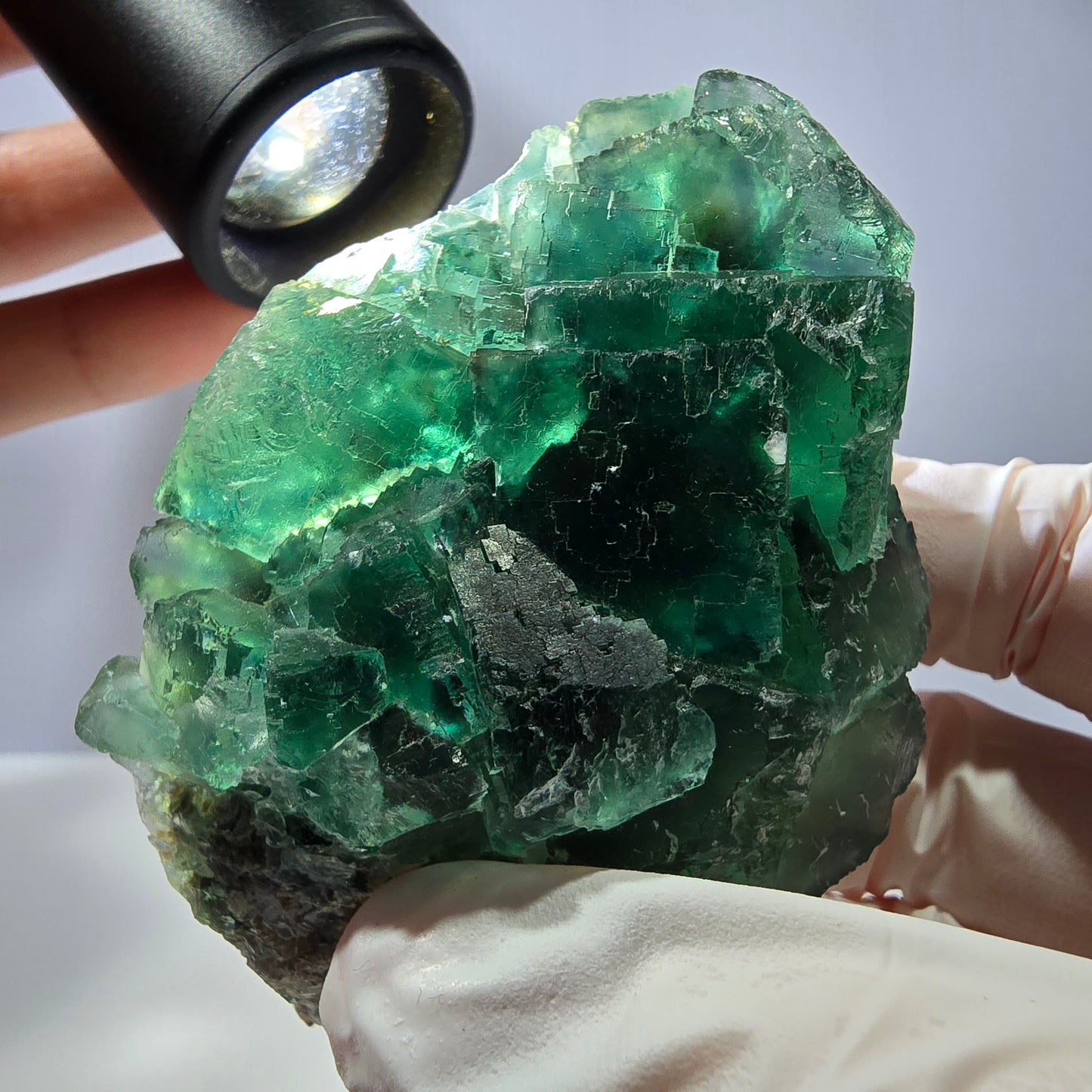 Spécimen de cube de fluorite fantôme transparente, vert parqueté, Okorusu, Namibie, 77 x 54 x 38 mm