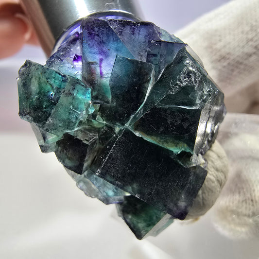 Spécimen de cube de fluorite fantôme transparente, vert-violet zonal, Okorusu, Namibie, 36 x 29 x 19 mm
