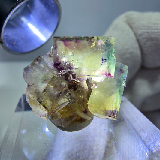 Spécimen de cube de fluorite fantôme zonal, jaune violet vert Okorusu, Namibie 21*17*14mm