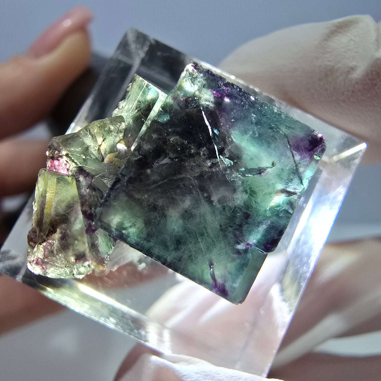 Spécimen de cube de fluorite fantôme, parqueté vert violet Okorusu, Namibie 19*18*14 mm