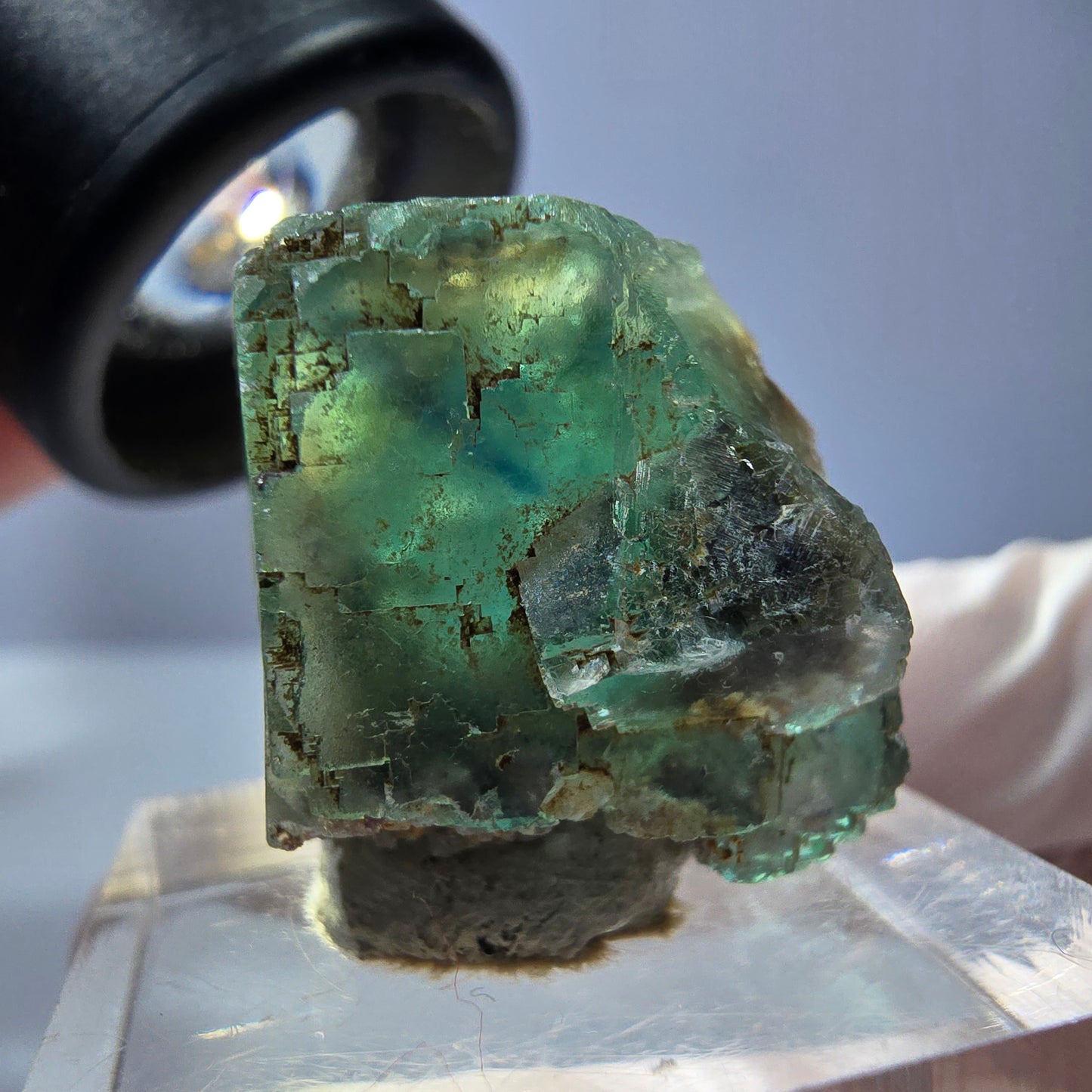 Cube de fluorite fantôme transparente parquetée, vert Okorusu, Namibie 21 x 19 x 19 mm