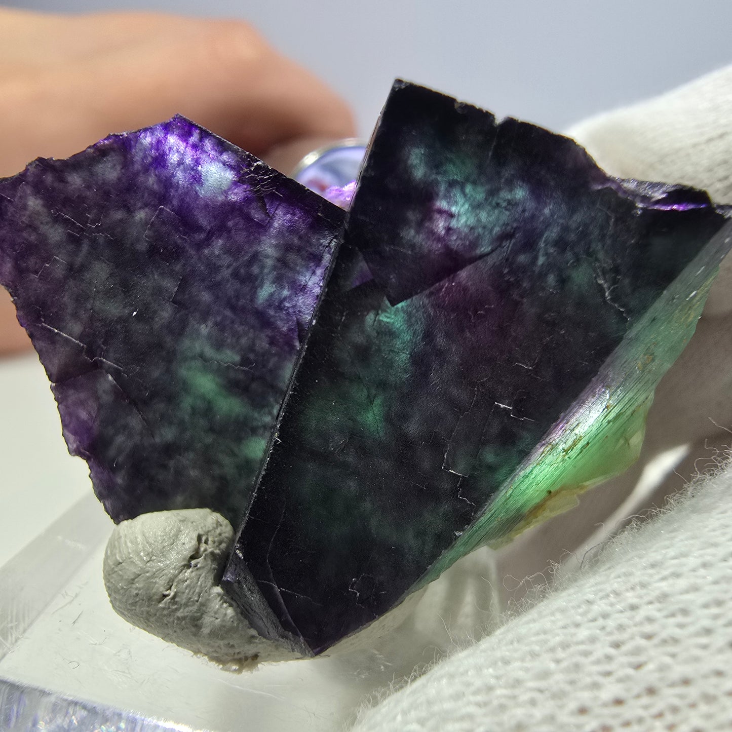 Spécimen de cube de fluorite fantôme transparente, vert-violet zonal, Okorusu, Namibie, 42 x 28 x 24 mm