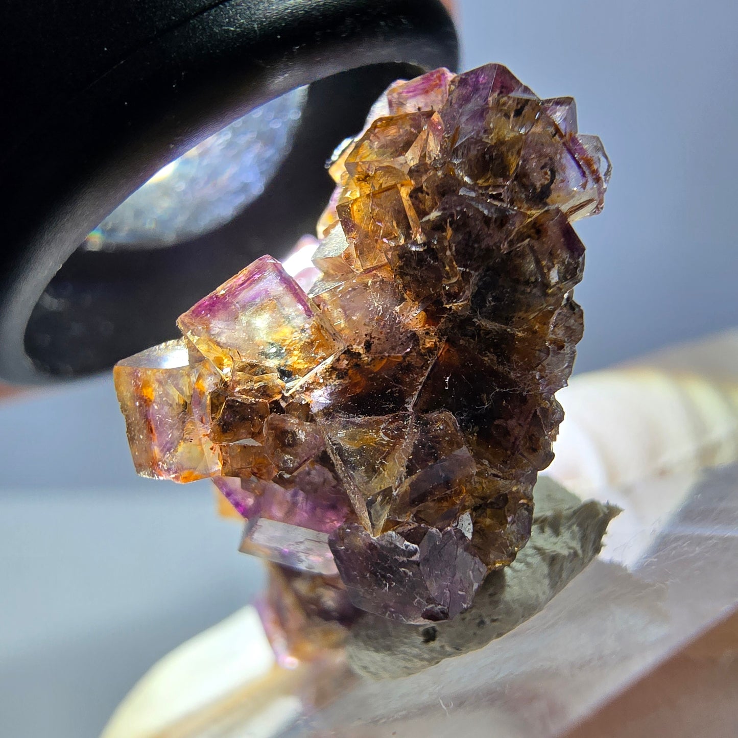Spécimen de cube de fluorite fantôme, violet-jaune, Okorusu, Namibie, 36 x 27 x 15 mm