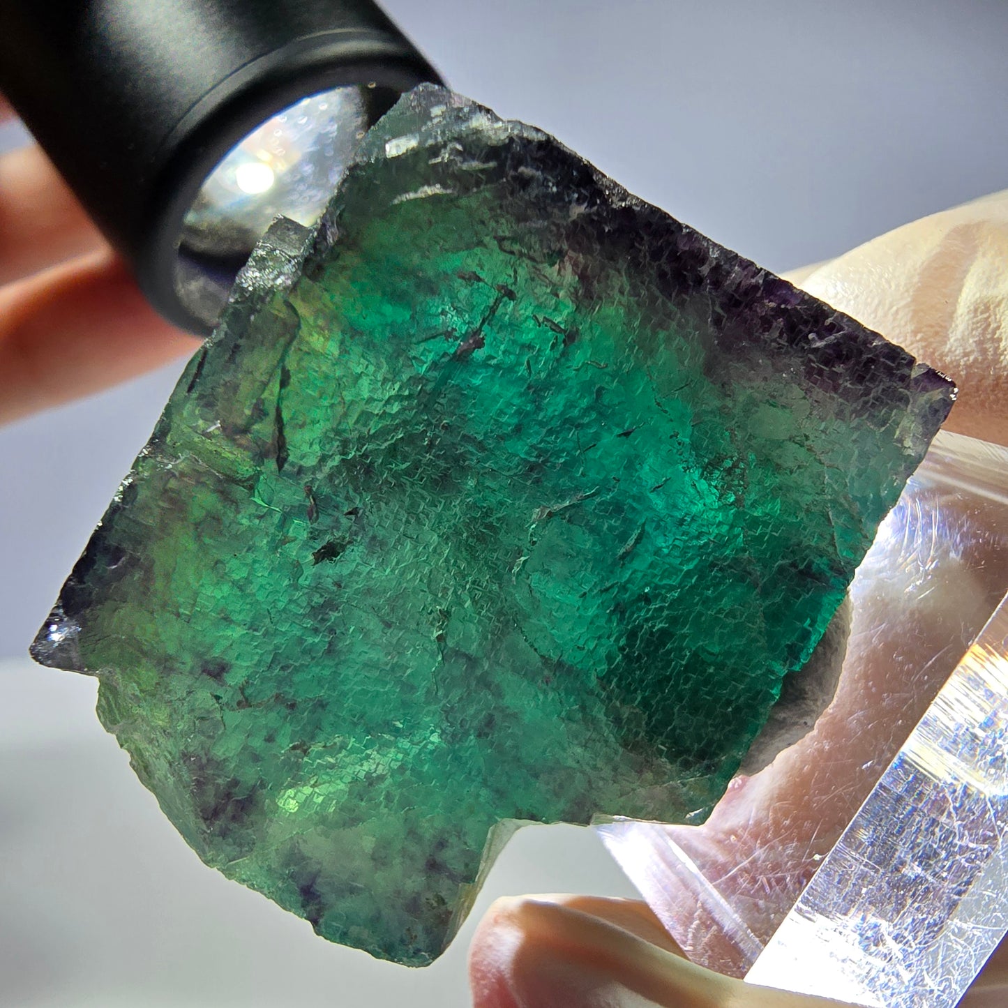 Rare cube de fluorite fantôme parqueté vert violet Okorusu Namibie 37*31*26mm