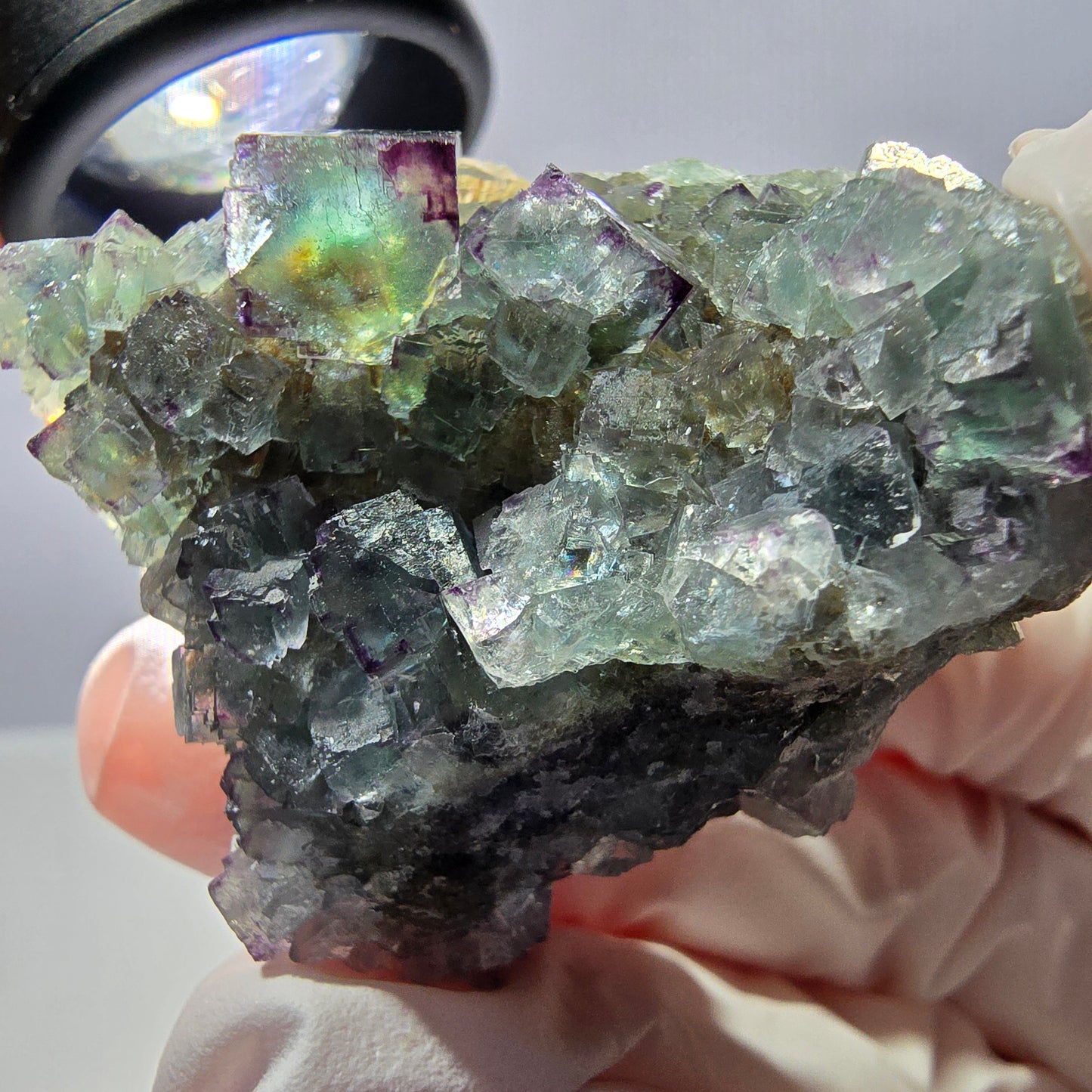 Spécimen de cube de fluorite fantôme, vert-violet zonal, Okorusu, Namibie, 35 x 35 x 28 mm