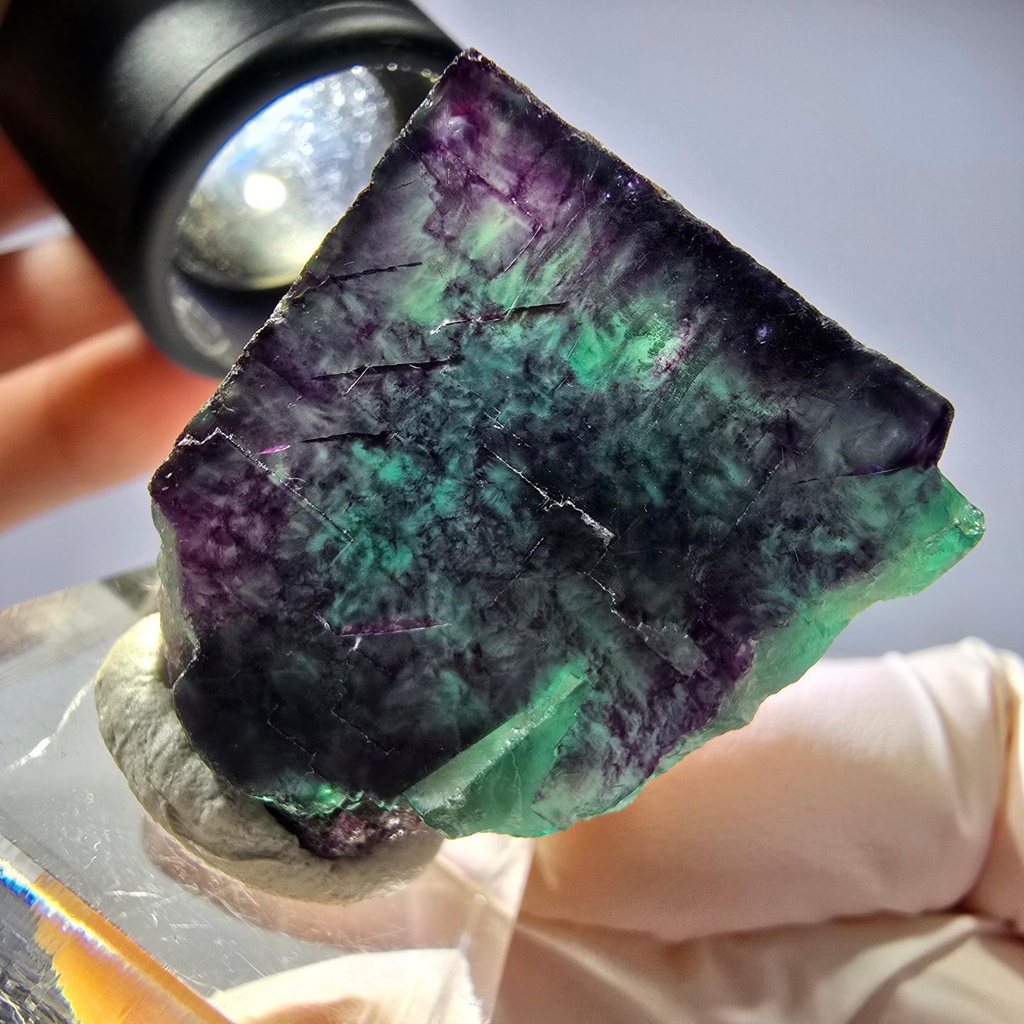 Rare cube de fluorite fantôme parqueté vert violet Okorusu Namibie 31*27*21mm