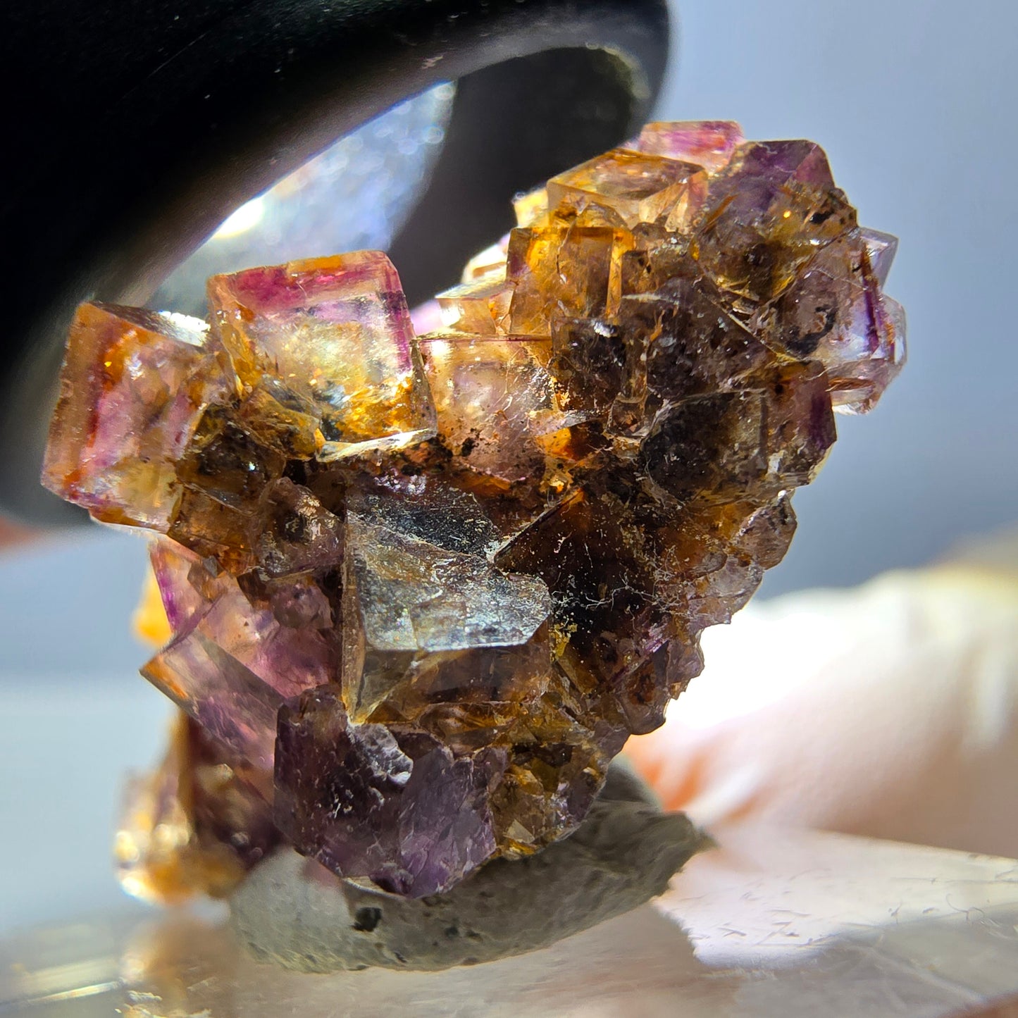 Spécimen de cube de fluorite fantôme, violet-jaune, Okorusu, Namibie, 36 x 27 x 15 mm