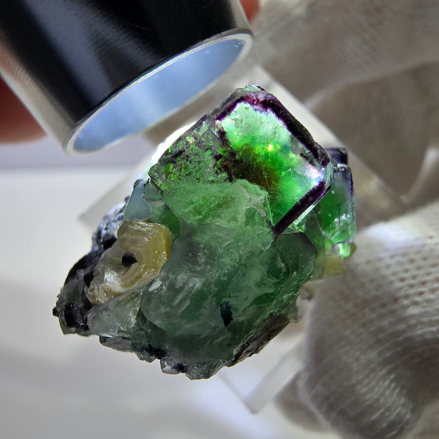 Cube de fluorite fantôme zonal, tourmaline muscovite Schörl Erongo Namibie 31*22*18mm